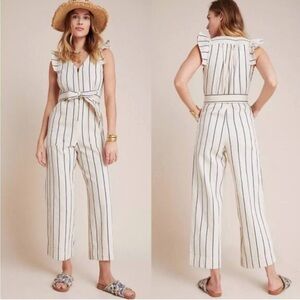 Anthropologie Hedda White Striped Denim Sleeveless Belted Ruffle Jumpsuit